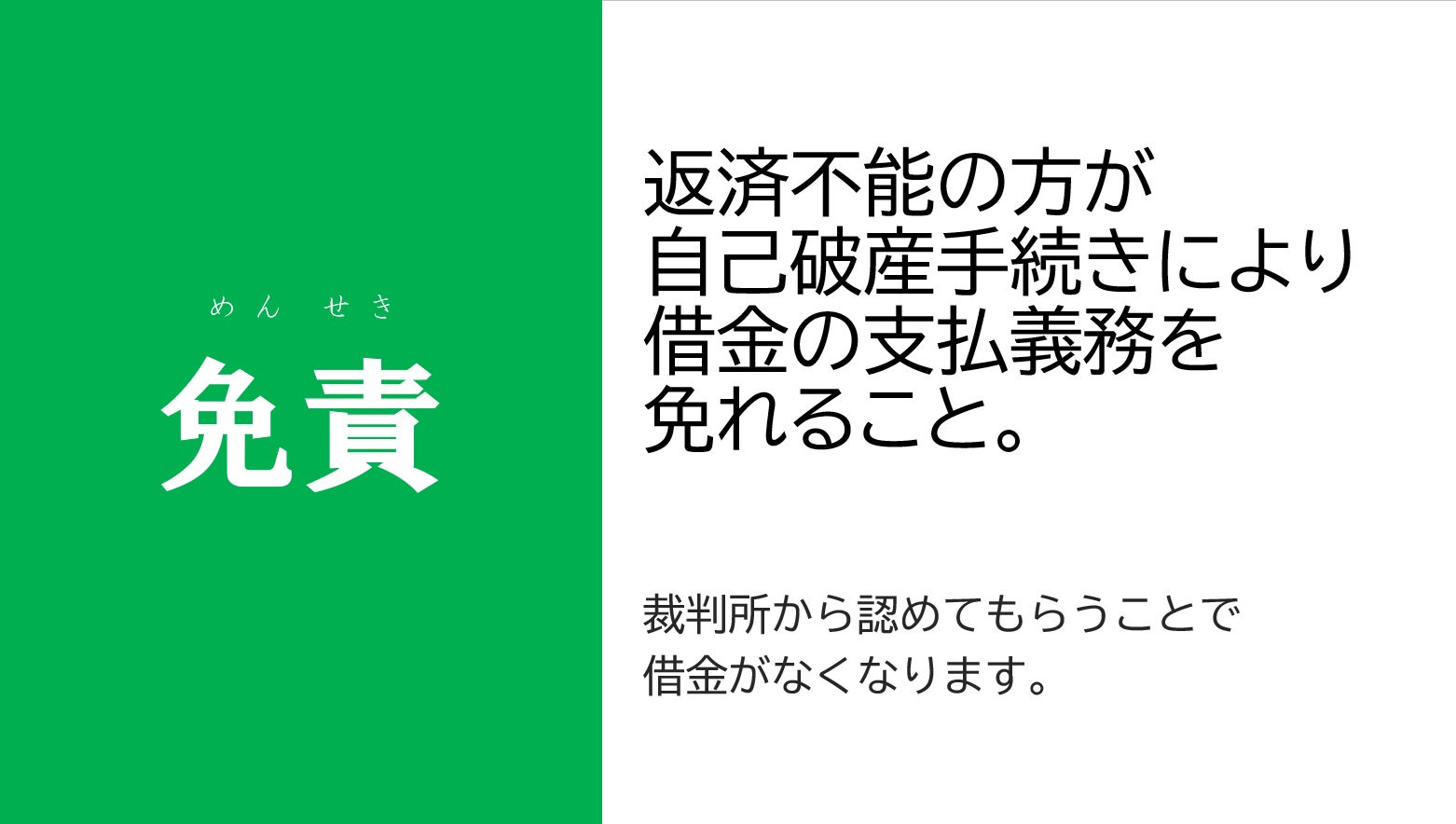 免責とは、返済不能の方が自己破産手続きにより借金の支払義務を免れること。