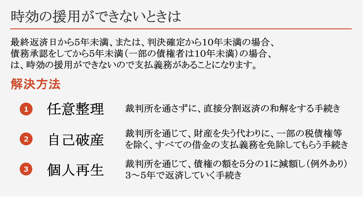 最終返済日から５年未満、または、判決確定から１０年未満の場合、 債務承認をしてから５年未満（一部の債権者は１０年未満）の場合、 は、時効の援用ができないので支払義務があることになります。 時効の援用ができないときの解決方法として 任意整理・・裁判所を通さずに、直接分割返済の和解をする手続き 自己破産・・裁判所を通じて、財産を失う代わりに、一部の税債権等を除く、すべての借金の支払義務を免除してもらう手続き 個人再生・・裁判所を通じて、債権の額を５分の１に減額し（例外あり）３～５年で返済していく手続き があります。