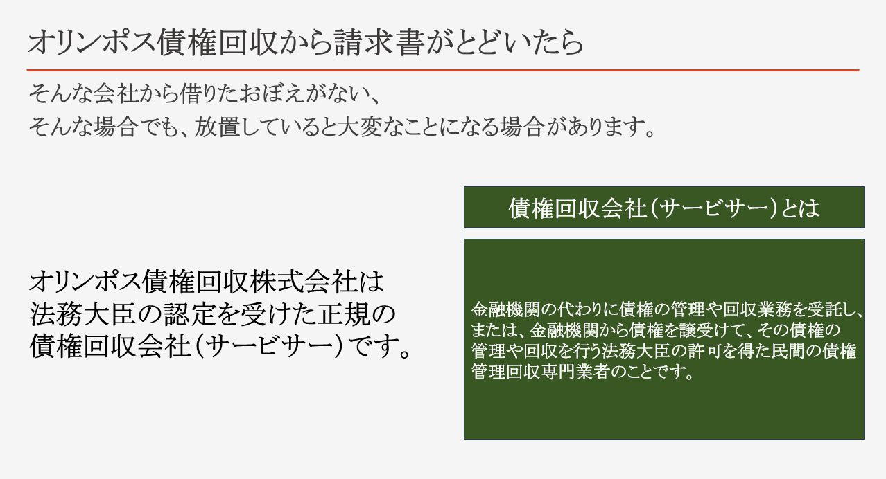 オリンポス債権回収から請求書がとどいたら そんな会社から借りたおぼえがない、 そんな場合でも、放置していると大変なことになる場合があります。 オリンポス債権回収株式会社は 法務大臣の認定を受けた正規の 債権回収会社（サービサー）です。 債権回収会社（サービサー）とは、金融機関の代わりに債権の管理や回収業務を受託し、または、金融機関から債権を譲受けて、その債権の管理や回収を行う法務大臣の許可を得た民間の債権管理回収専門業者のことです。