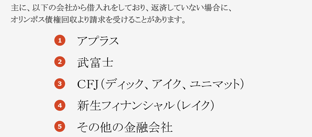 過去に、金融会社より借り入れたが、滞納したままの債務がある。 アプラス、武富士、ＣＦＪ、ディック、アイク、新生フィナンシャル、レイク、その他貸金業者などより借りていた場合は、オリンポス債権回収より請求を受けることがあります。の債権の管理や回収を行う法務大臣の許可を得た民間の債権管理回収専門業者のことです。